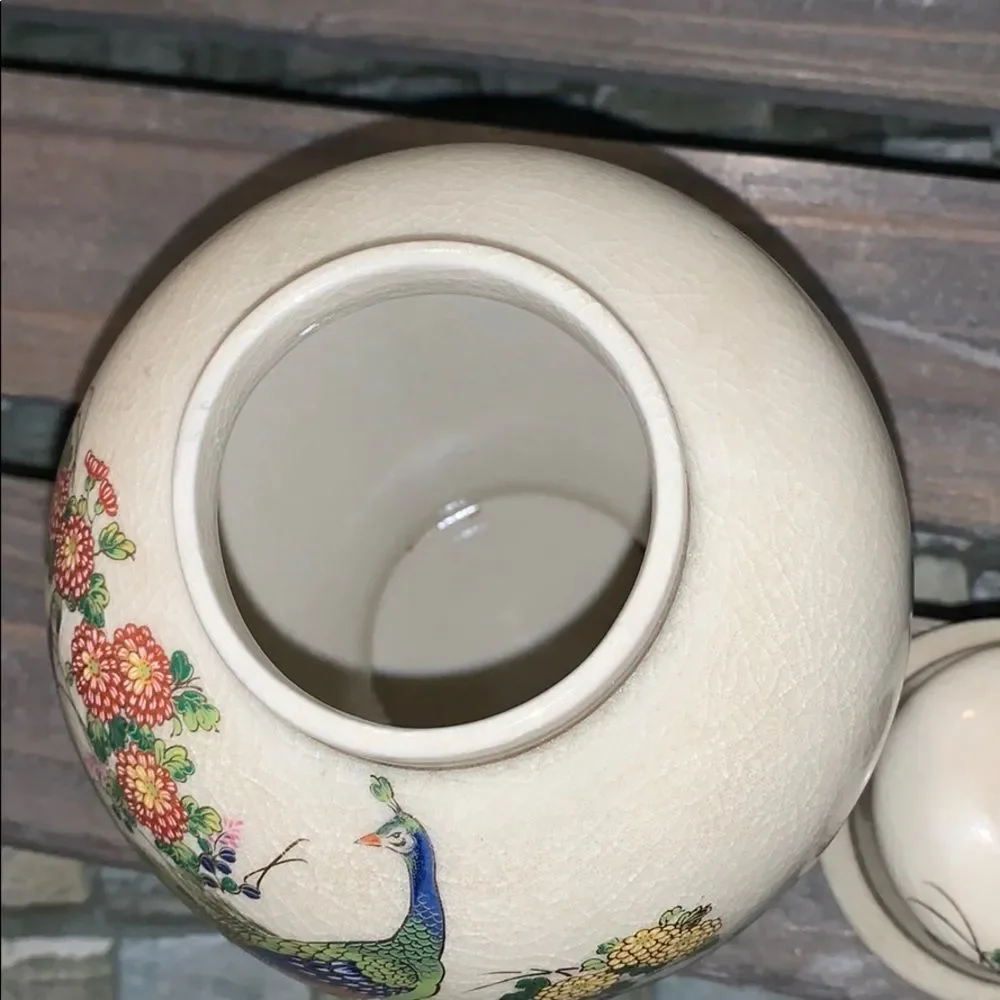 Vintage Asian vase peacock detail
